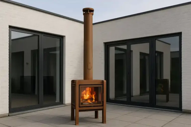 Havepejs i cortenstål uden for at moderne hvidt hus