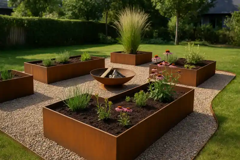 højbede og bålfad i cortenstål i en have